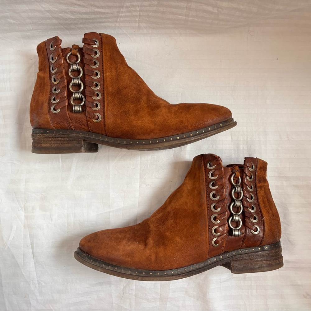 A.S.98 Brown Leather Metallic Boot Size 37 EU 7 US Moto Western Steampunk